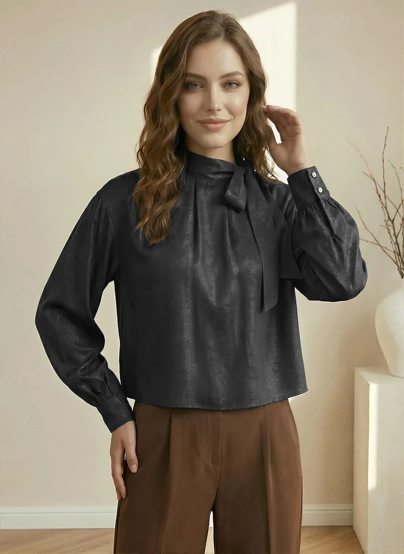 globus Globus Women Black Tie-Up Neck Detail Self Design Regular Sleeves Casual Top